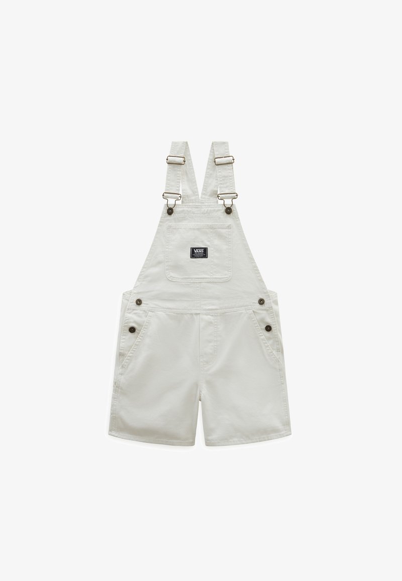 Salopette courte blanche avec bretelles réglables, poche poitrine avant ornée d'un patch logo Vans, et détails à boutons sur les côtés et les bretelles.