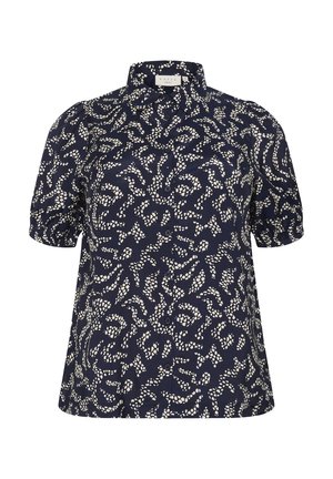 Marinebluse med korte puffærmer, krave og hvidt abstraheret mønster. Har knaplukning og glat, blankt stof.