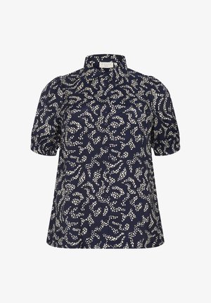 Jūrinės spalvos palaidinė su trumpomis pūstomis rankovėmis, apykaklės iškirpte ir baltu abstrakčiu raštu. Turi mygtukų užsegimą ir lygią, blizgią medžiagą.