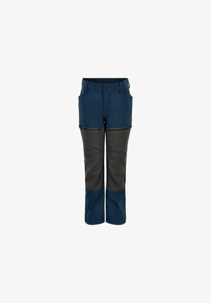 Kinder outdoorbroeken in marineblauw met zwarte verstevigde knieën en afritsbare onderbenen.