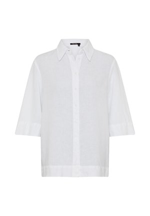 Weißes halbtransparentes Kurzarmhemd mit Knöpfen, breitem Kragen und geradem Saum.