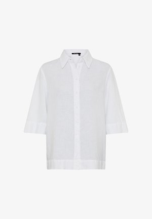 Weißes halbtransparentes Kurzarmhemd mit Knöpfen, breitem Kragen und geradem Saum.