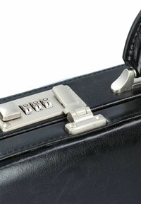Black leather briefcase with a textured finish, silver metal hardware, combination lock, and a sturdy handle.