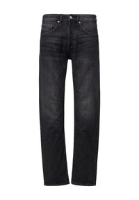 Schwarze Jeans aus Denim mit schmalem Schnitt, fünf Taschen, vorderem Knopfverschluss und dezenten Verblasungen für ein abgetragenes Aussehen.