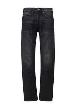 Schwarze Jeans aus Denim mit schmalem Schnitt, fünf Taschen, vorderem Knopfverschluss und dezenten Verblasungen für ein abgetragenes Aussehen.