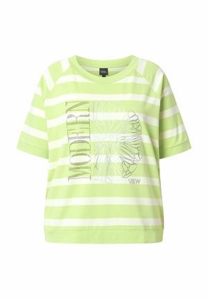 Kurzärmeliges grün-weiß gestreiftes Hemd mit rundem Ausschnitt, floralem Motiv und den Worten "MODERN" und "VIEW" auf der Vorderseite.