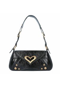 Borsa a mano in pelle nera con forma arrotondata, dettaglio a cuore dorato e superficie testurizzata. Presenta piccoli rivetti dorati e una tracolla.