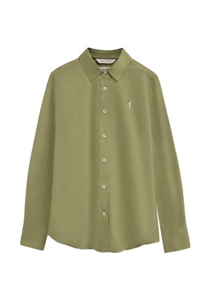 Długa, dopasowana koszula na guziki w oliwkowej zieleni z ostrym kołnierzykiem i małym białym logo gracza polo na lewej piersi.