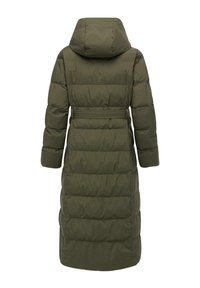 Long, hooded puffer coat in dark olive green. Features quilted sections, a belted waist, and long sleeves. Smooth, water-resistant fabric.