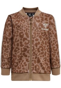 Veste bomber marron avec imprimé léopard, fermeture éclair, col et poignets côtelés, dotée de panneaux latéraux blancs et de détails de logo brodés.