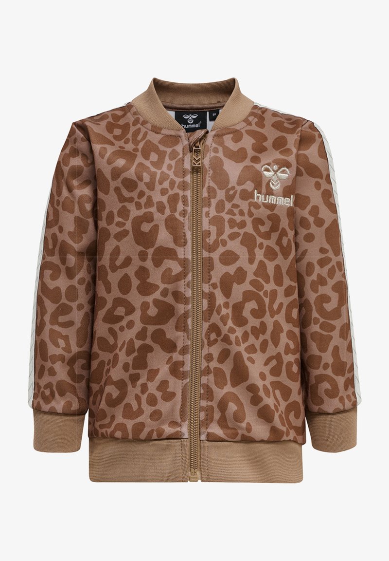 Veste bomber marron avec imprimé léopard, fermeture éclair, col et poignets côtelés, dotée de panneaux latéraux blancs et de détails de logo brodés.