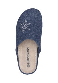 Navy felt slipper with rounded toe, featuring a silver snowflake design and soft inner lining. Brand logo visible on insole.