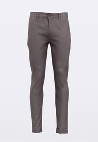 Gray slim-fit pants made from a smooth fabric, featuring a standard waist with a button closure, and pockets on the front and back.