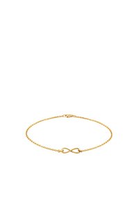 Goldene Kettenarmband mit einem Unendlichkeitssymbol in der Mitte. Die Kette ist filigran mit kleinen runden Gliedern und einem sicheren Verschluss.