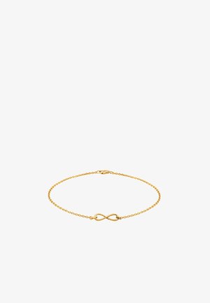 Guldkædearmbånd med et uendelighedssymbol i centrum. Kæden er delikat med små runde led og en sikker lås.