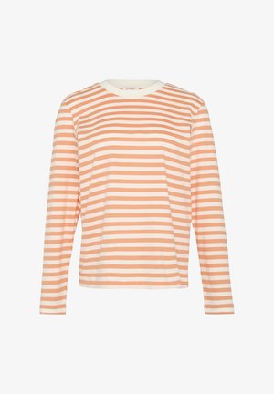 Langarmshirt in Pfirsich und Weiß mit horizontalen Streifen. Hergestellt aus weichem Material mit Rundhalsausschnitt und lockerer Passform.
