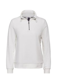Felpa bianca con colletto con zip, maniche lunghe e polsini a coste. Presenta una superficie liscia e un sottile ricamo sulle maniche.
