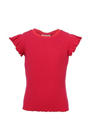 Felrode geribbelde top met korte mouwen, fladdermouwen en een ronde neklijn, ontworpen voor een getailleerd silhouet.