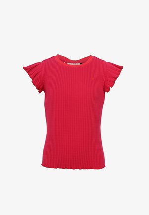 Felrode geribbelde top met korte mouwen, fladdermouwen en een ronde neklijn, ontworpen voor een getailleerd silhouet.