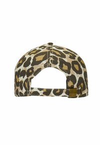 Beige und braune Leopardenmuster-Baseballmütze mit gebogenem Schirm, verstellbarem Riemen und strukturiertem Stoff. Rückansicht mit Riemenbeschlägen.