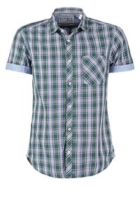 Chemise à manches courtes à carreaux verts et bleus, boutonnée, avec une poche devant et un col, présentée sur fond blanc.