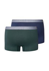 Två par kalsonger i mörkgrön och marinblå. Tillverkade av mjukt tyg med en grå midjeband som har ett präglat logotyp.