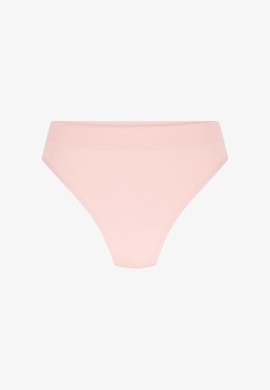 Hellrosa nahtlose Unterwäsche mit hohem Bund und breitem elastischem Bund, entworfen für Komfort und eine glatte Passform.