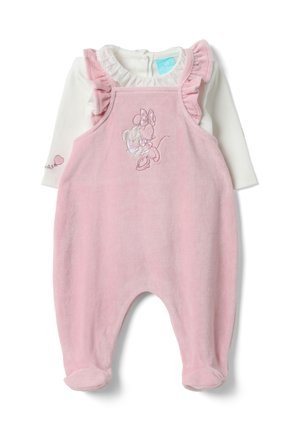 Rosa Baby-Strampler mit bestickter Minnie Maus, Rüschenträgern und weißem Langarmshirt mit Herzdetail am Ärmel.
