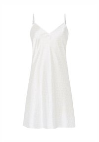 Vestido de slip de satén blanco con tirantes ajustables, escote en V y una textura sutilmente estampada. Presenta un pequeño lazo en el busto.