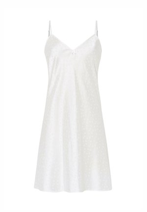 Vestido de slip de satén blanco con tirantes ajustables, escote en V y una textura sutilmente estampada. Presenta un pequeño lazo en el busto.