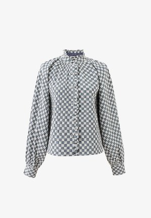 Knoopblouse met een blauw-wit geruit patroon, lange pofmouwen, een geraffineerde hoge kraag en knoopsluiting.