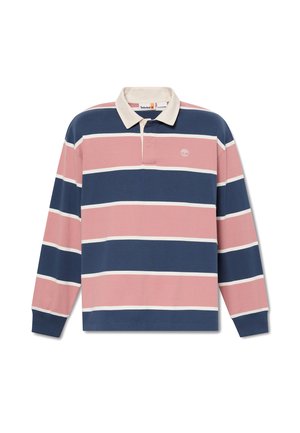 Long-sleeve polo shirt in navy, pink, and white stripes, featuring a classic collar, and Timberland logo on the chest. Cotton material.