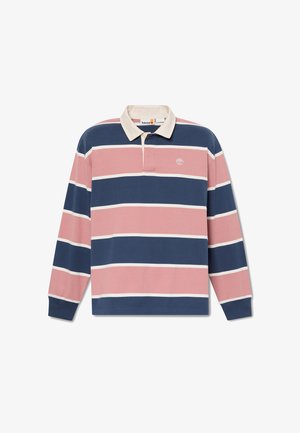 Long-sleeve polo shirt in navy, pink, and white stripes, featuring a classic collar, and Timberland logo on the chest. Cotton material.