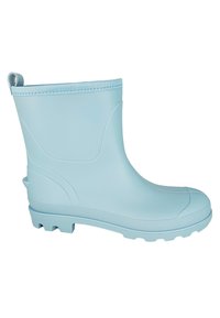 Lichtblauwe rubberen regenlaars met een gestructureerde gripzool, ronde teen en versterkte hak. Heeft een gladde afwerking en een elastische bovenrand.