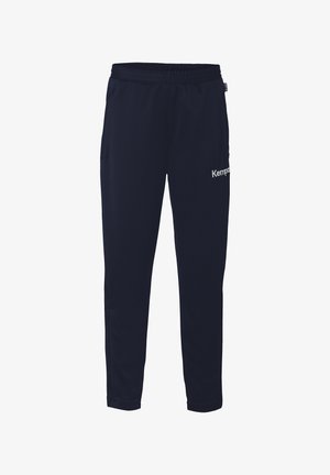 Navyblauwe sportbroek van zachte stof, met een elastische tailleband, een taps toelopende pasvorm en een wit "Kempus" logo aan de zijkant.