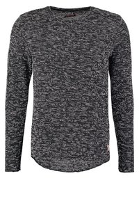 Pánský pletený svetr s dlouhým rukávem v černobílé melírované vzoru s kulatým výstřihem a zaobleným spodním lemem.