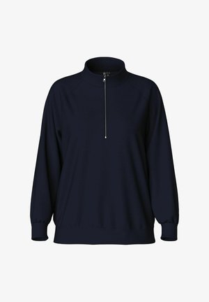 Sweatshirt azul-marinho com gola alta, fecho de meio zíper na parte da frente e mangas raglã. Tecido macio com um ajuste descontraído e punhos canelados.