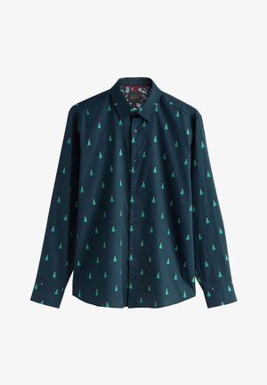 Sötét tengerzöld hosszú ujjú ing, apró zöld fákból álló geometriai mintával. Simafonás anyag, strukturált gallérral és gombos lezárással.