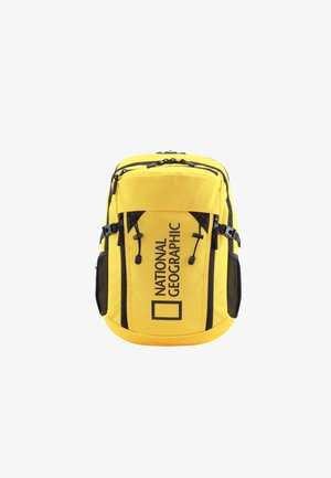 Yellow backpack made of durable fabric featuring black zippers and mesh side pockets. Front displays a prominent National Geographic logo.