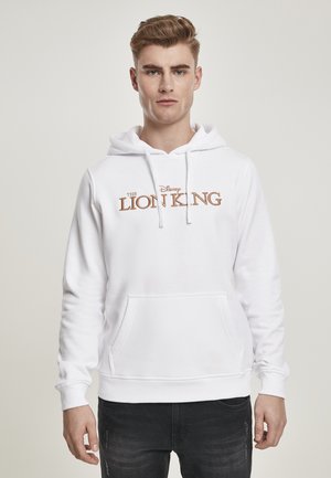 Hvid hættetrøje med "Løvernes Konge" logo i brun skrifttype. Indeholder en frontlomme samt ribbet manchetter og kant.