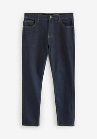 Jeans ajustados de color azul oscuro hechos de denim, con cinco bolsillos, costuras amarillas y una cinturilla estándar con cierre de botón en la parte delantera.