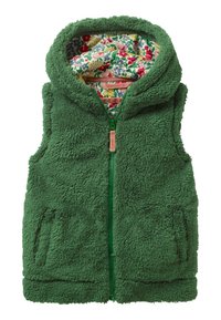 Grüner Fleece-Weste mit Kapuze, mit floral bedrucktem Innenfutter, Frontreißverschluss und Seitentaschen. Weiche Textur und lässiges Design.