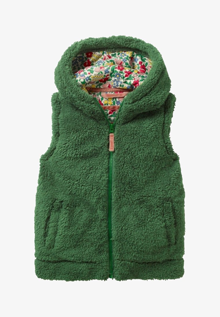 Grüner Fleece-Weste mit Kapuze, mit floral bedrucktem Innenfutter, Frontreißverschluss und Seitentaschen. Weiche Textur und lässiges Design.