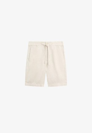 Beige knielange shorts met elastische tailleband, trekkoord, knoopsluiting en zijzakken, weergegeven op een witte achtergrond.