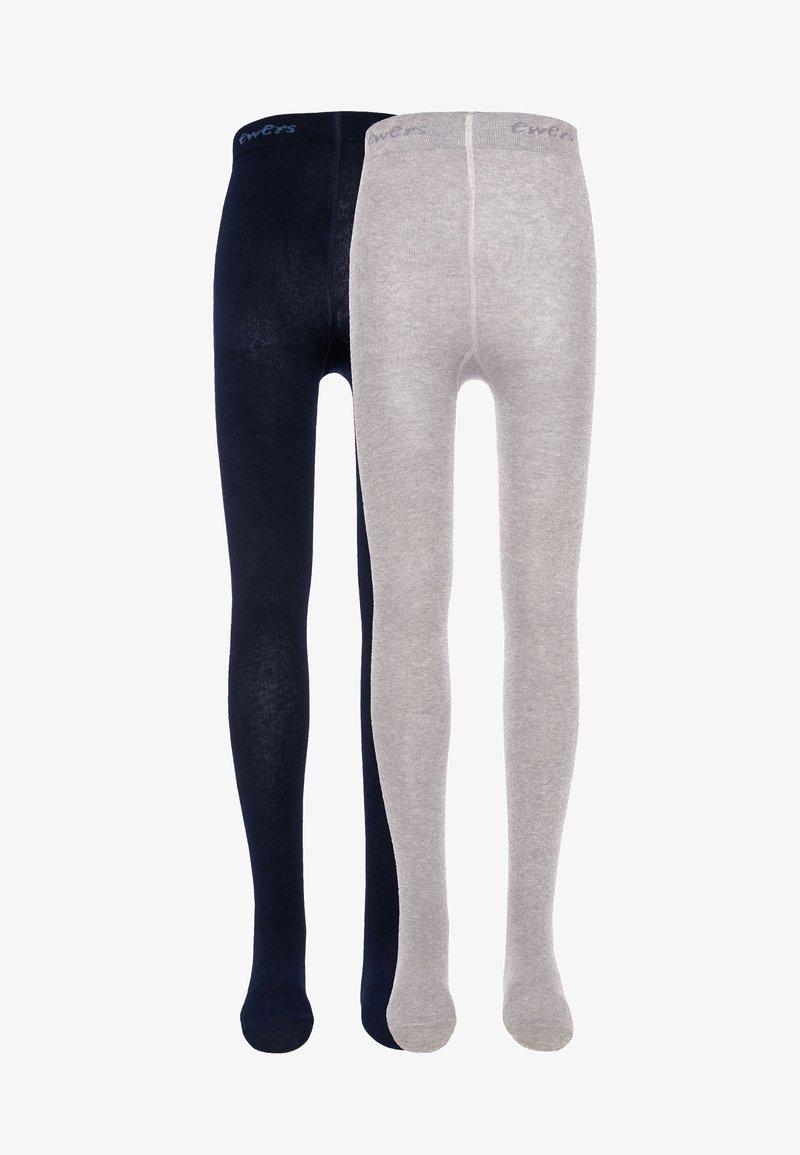 Dwie pary rajstop dziecięcych: jedna granatowa, a druga jasnoszara. Każda para jest wykonana z gładkiego, elastycznego materiału z wygodnym pasem.