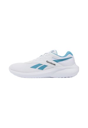 Weißer und blauer Reebok-Athletiksneaker mit Mesh-Obermaterial, Schaumsohle, Schnürverschluss und Logo an der Seite und Zunge, in der rechten Seitenansicht dargestellt.