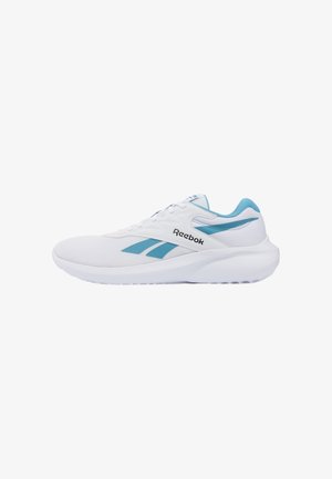 Scarpa da ginnastica Reebok bianca e blu con tomaia in mesh, suola in schiuma, chiusura con lacci e logo sul lato e sulla linguetta, vista dal lato destro.