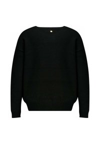 Pull noir à coupe ample, avec un col et des poignets côtelés. Présente un petit accent doré à l'arrière. Texture douce, manches longues.