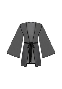 Διάφανη μαύρη ρόμπα σε στυλ κιμονό με φαρδιά μανίκια, ανοιχτό μπροστινό μέρος και σατέν ζώνη στη μέση.