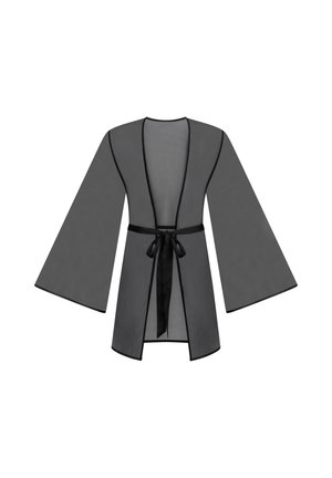 Halat transparent negru în stil kimono, cu mâneci largi, față deschisă și curea din satin la talie.